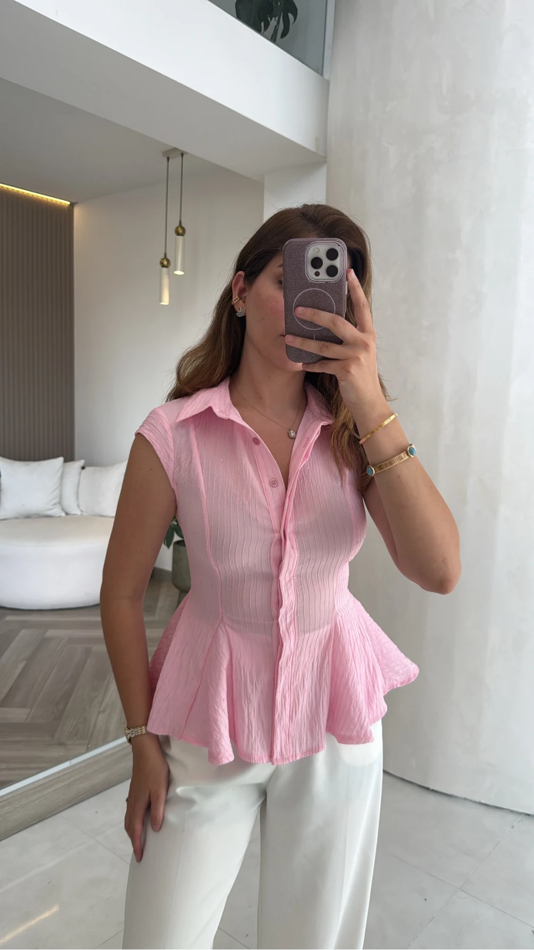 Simli Sıfır Kol Gömlek - Pembe - Kod: 2318