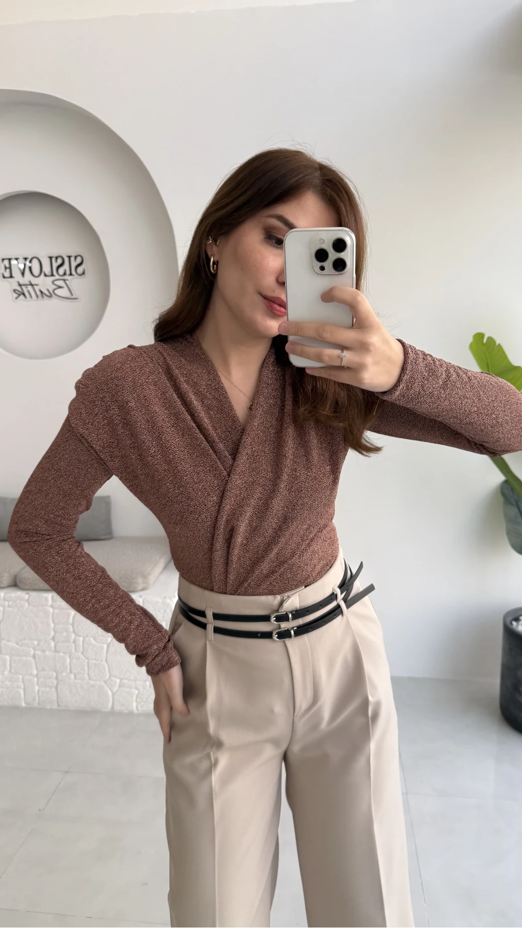 Simli Vatkalı Uzun Kol Zıbın Bluz - Bronz Kahve