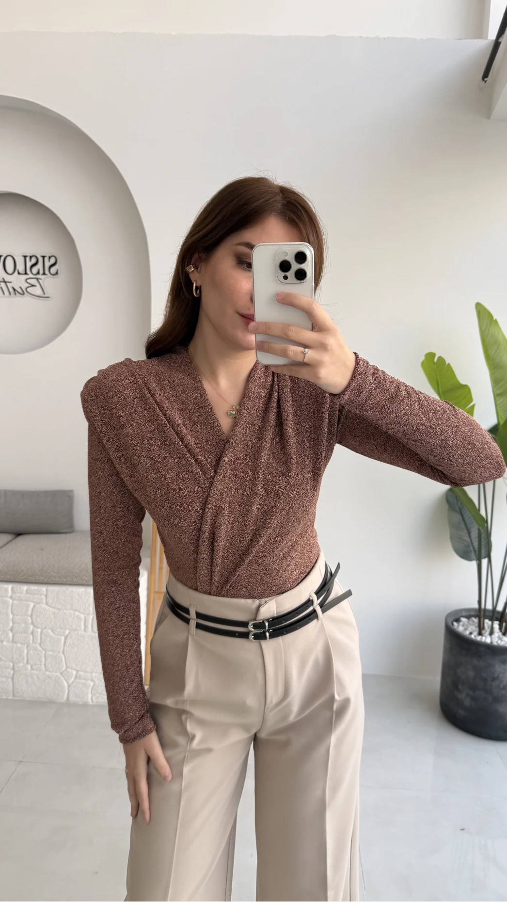 Simli Vatkalı Uzun Kol Zıbın Bluz - Bronz Kahve