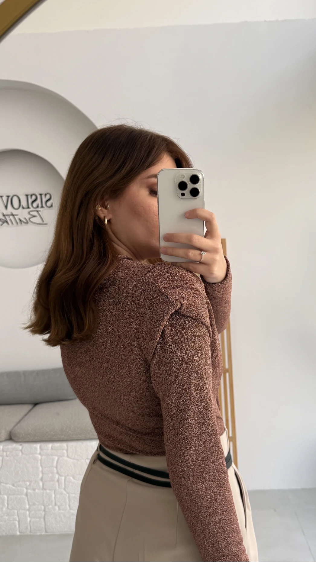 Simli Vatkalı Uzun Kol Zıbın Bluz - Bronz Kahve