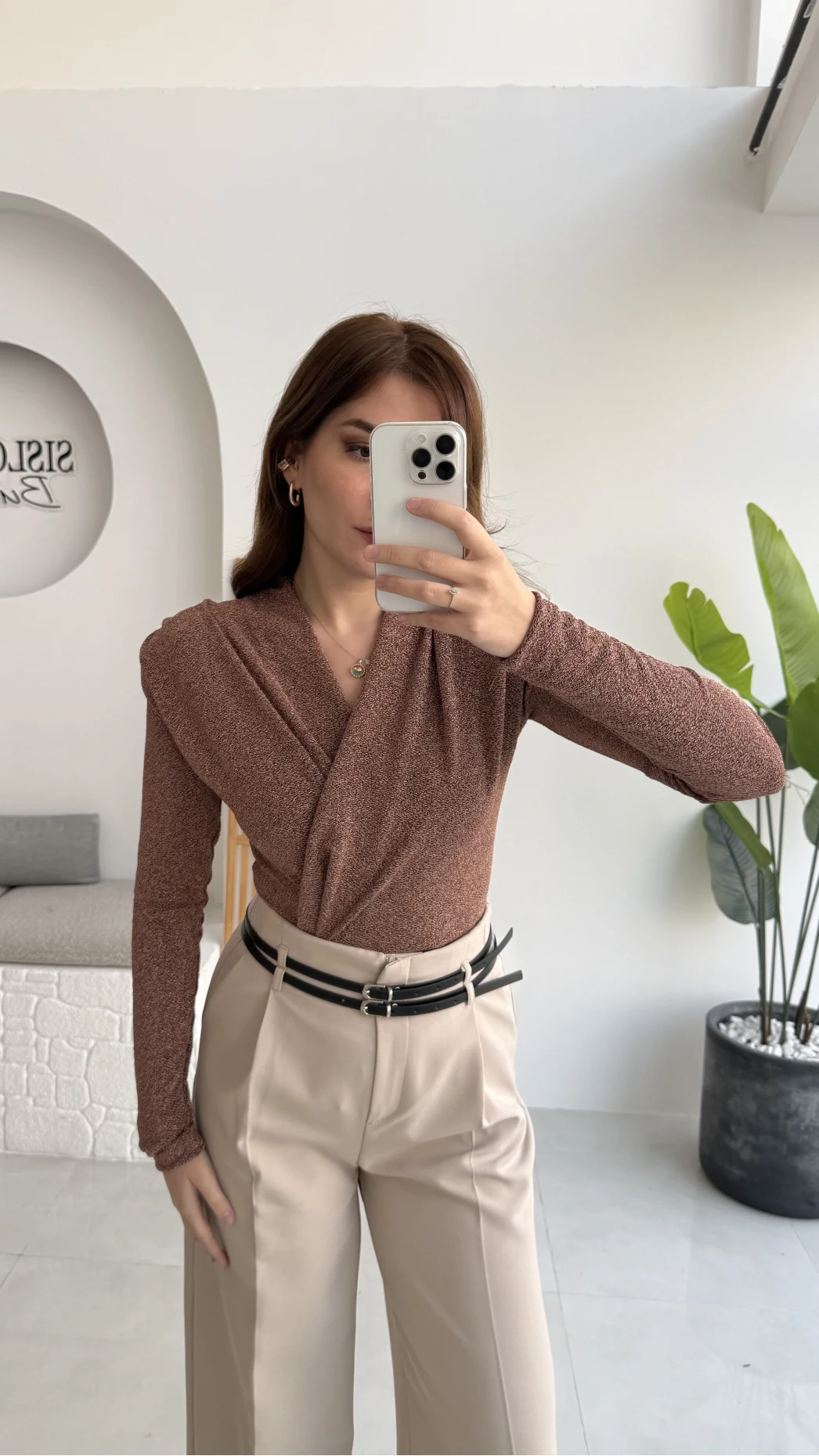 Simli Vatkalı Uzun Kol Zıbın Bluz - Bronz Kahve