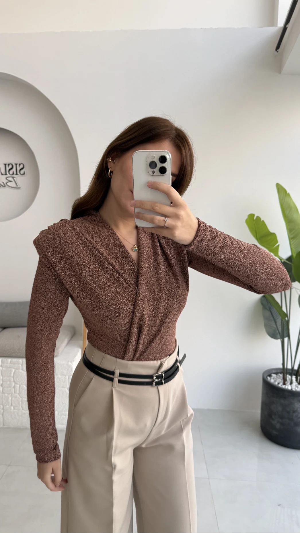 Simli Vatkalı Uzun Kol Zıbın Bluz - Bronz Kahve