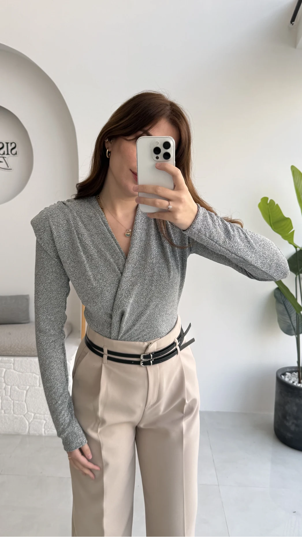 Simli Vatkalı Uzun Kol Zıbın Bluz - Gri