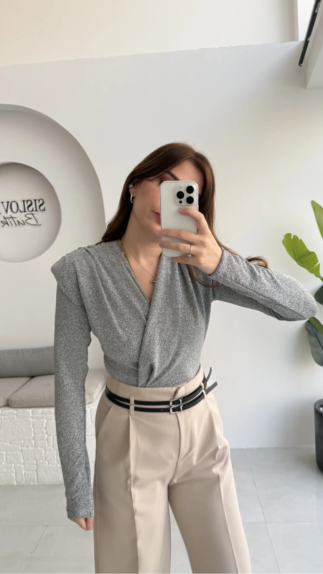 Simli Vatkalı Uzun Kol Zıbın Bluz - Gri