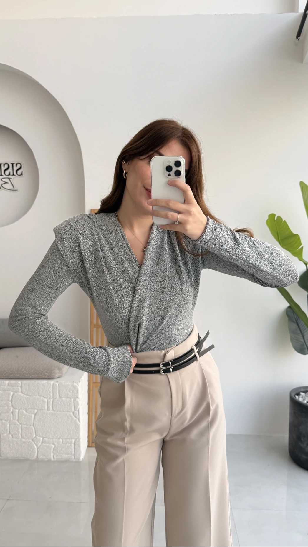 Simli Vatkalı Uzun Kol Zıbın Bluz - Gri