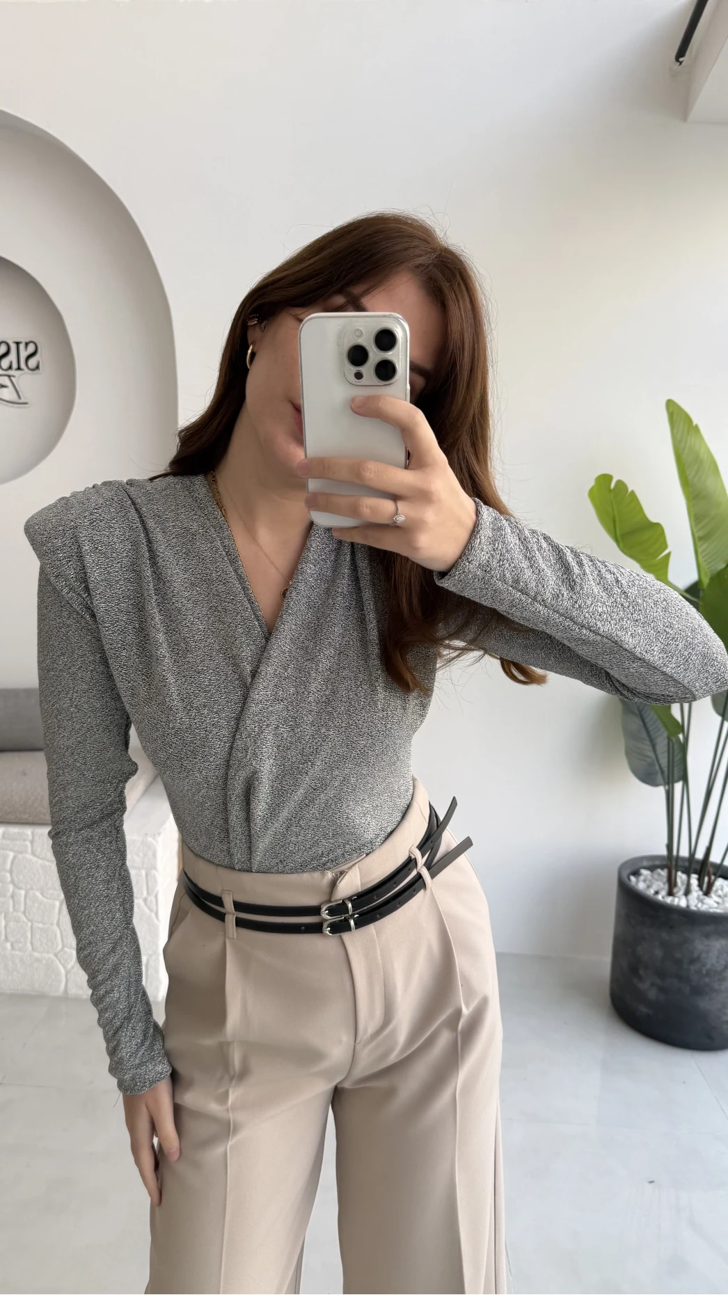 Simli Vatkalı Uzun Kol Zıbın Bluz - Gri