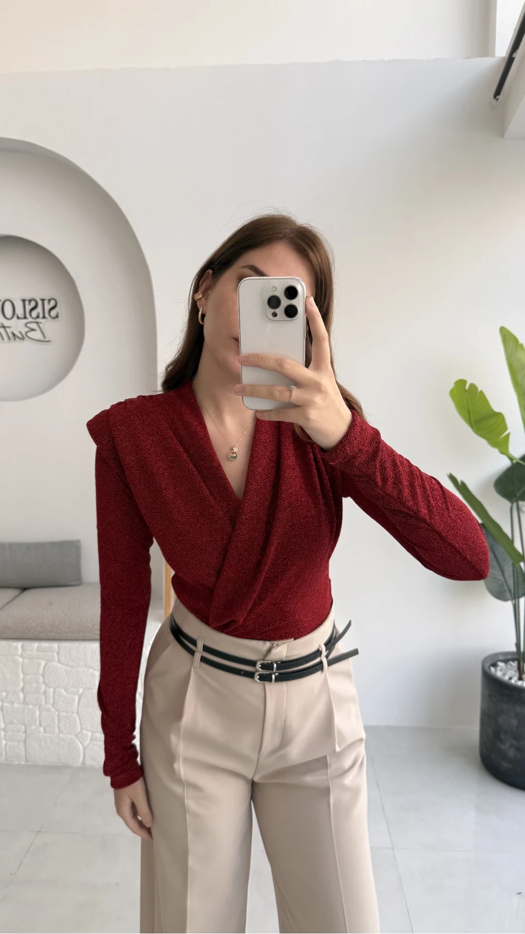 Simli Vatkalı Uzun Kol Zıbın Bluz - Kırmızı