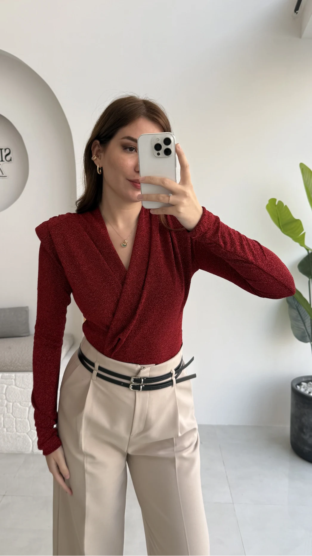 Simli Vatkalı Uzun Kol Zıbın Bluz - Kırmızı