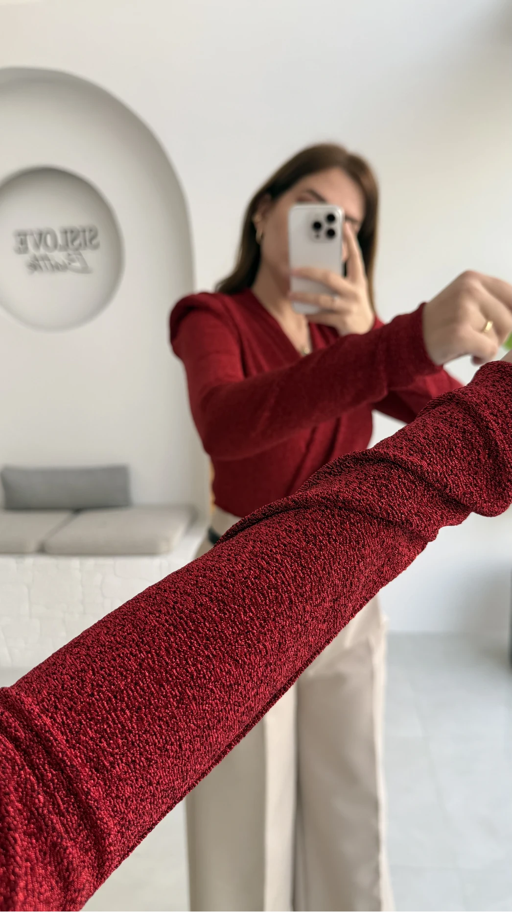 Simli Vatkalı Uzun Kol Zıbın Bluz - Kırmızı