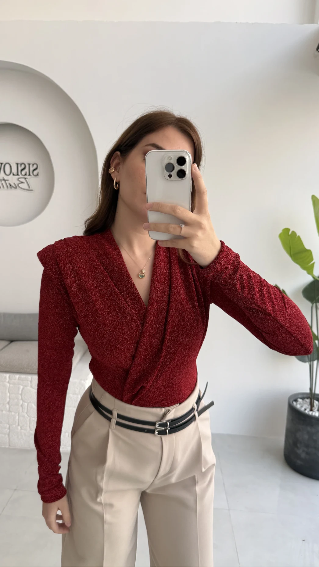 Simli Vatkalı Uzun Kol Zıbın Bluz - Kırmızı