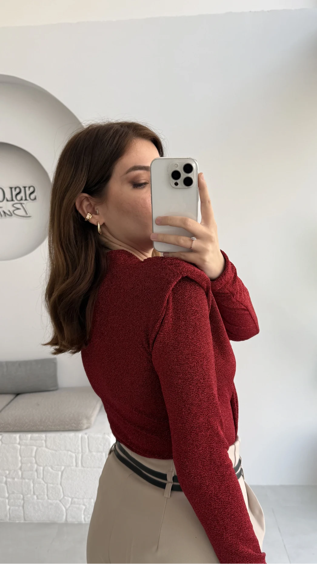 Simli Vatkalı Uzun Kol Zıbın Bluz - Kırmızı