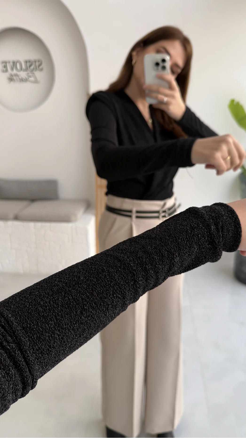 Simli Vatkalı Uzun Kol Zıbın Bluz - Siyah