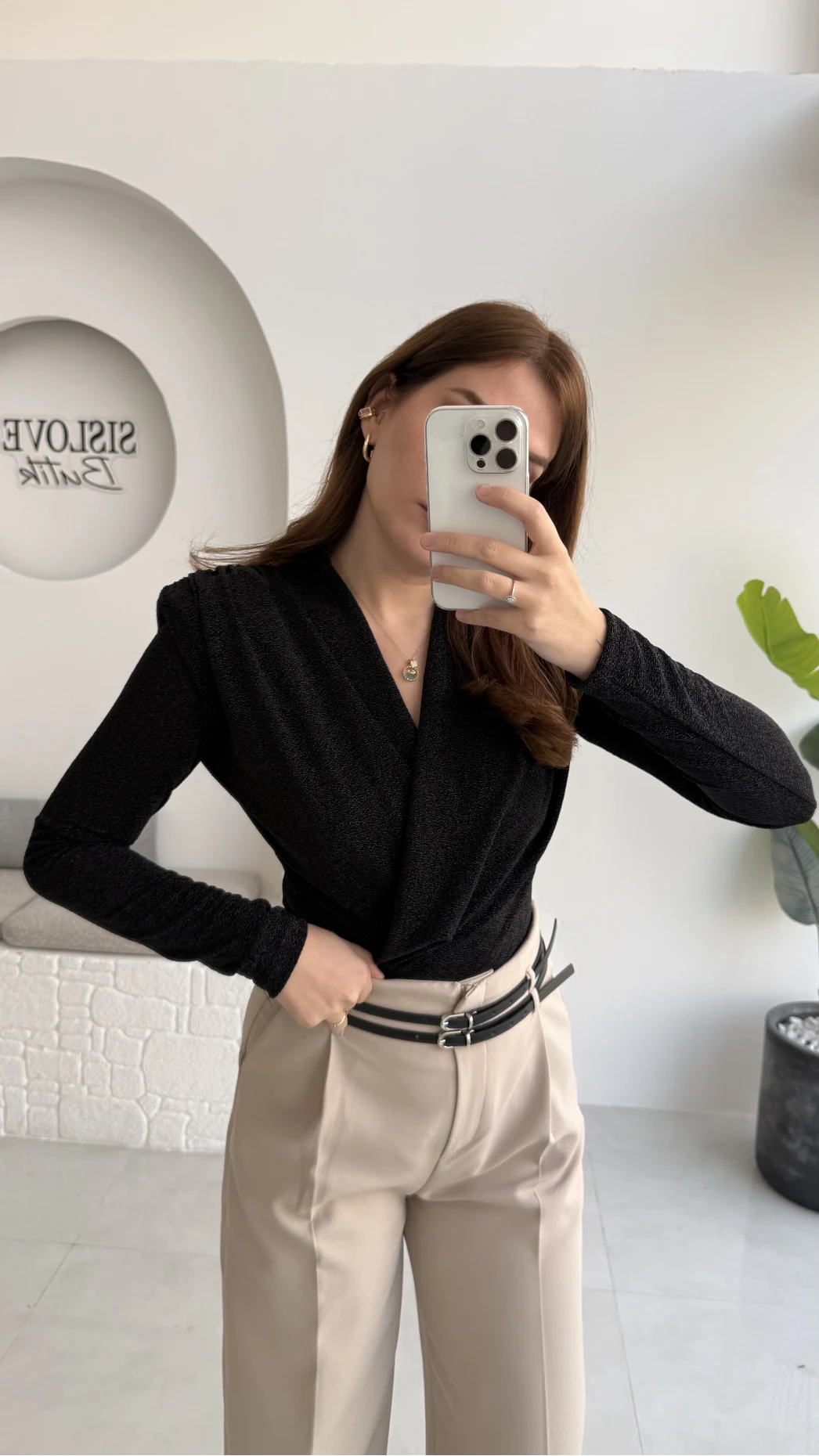 Simli Vatkalı Uzun Kol Zıbın Bluz - Siyah