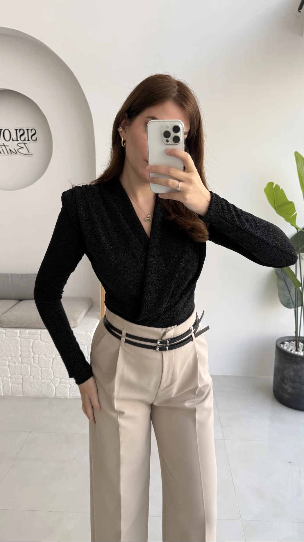 Simli Vatkalı Uzun Kol Zıbın Bluz - Siyah