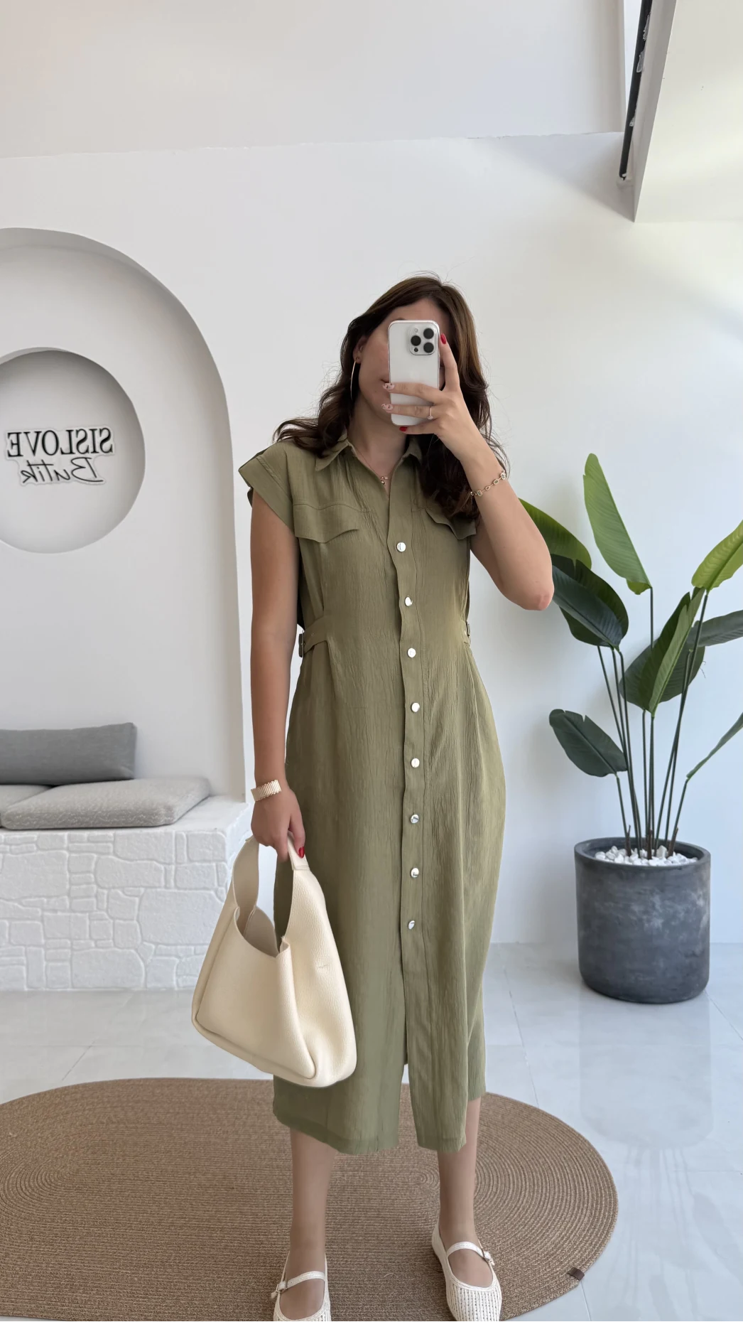 Sindy Kemer Detaylı Bürümcük Elbise - Haki - 6012