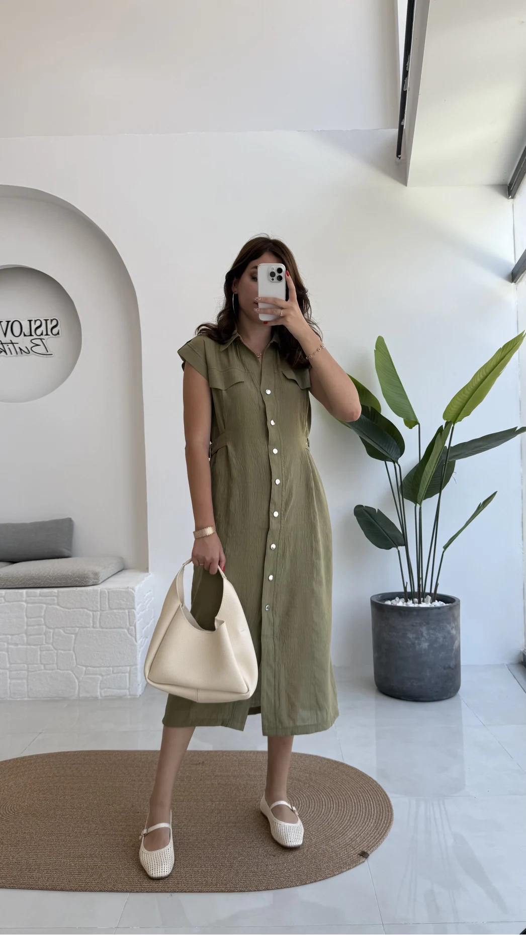 Sindy Kemer Detaylı Bürümcük Elbise - Haki - 6012