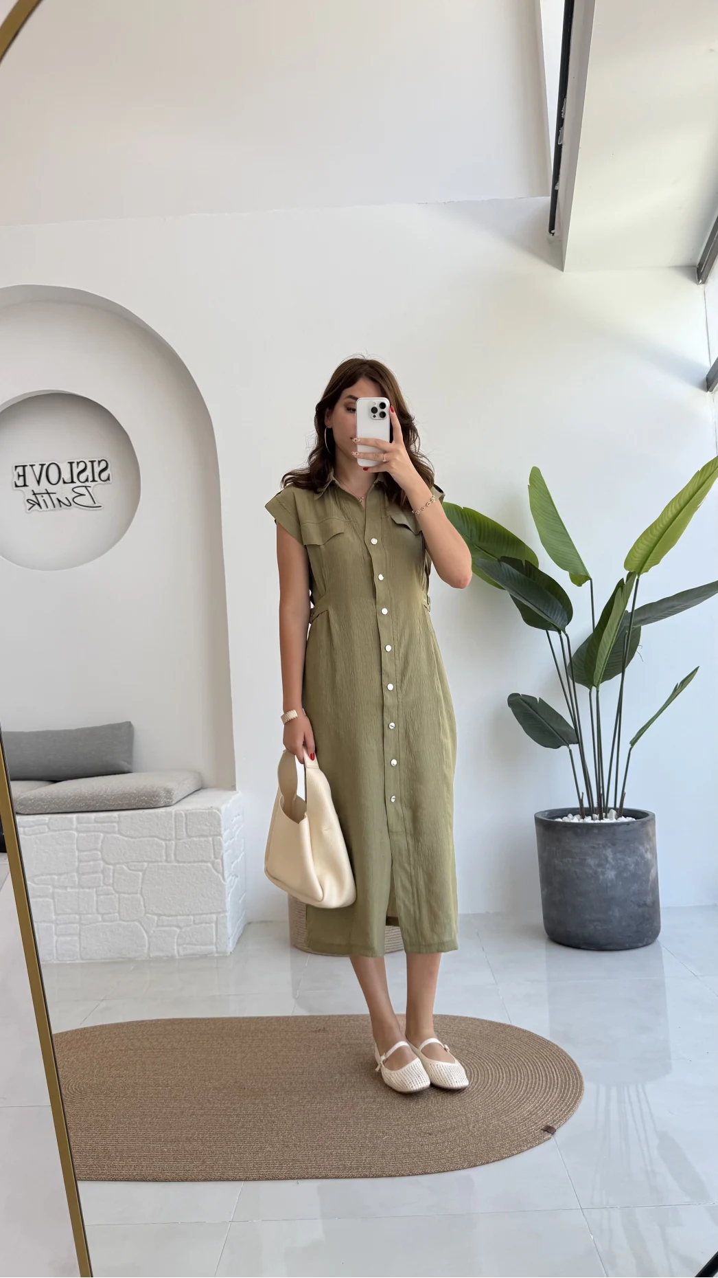 Sindy Kemer Detaylı Bürümcük Elbise - Haki - 6012