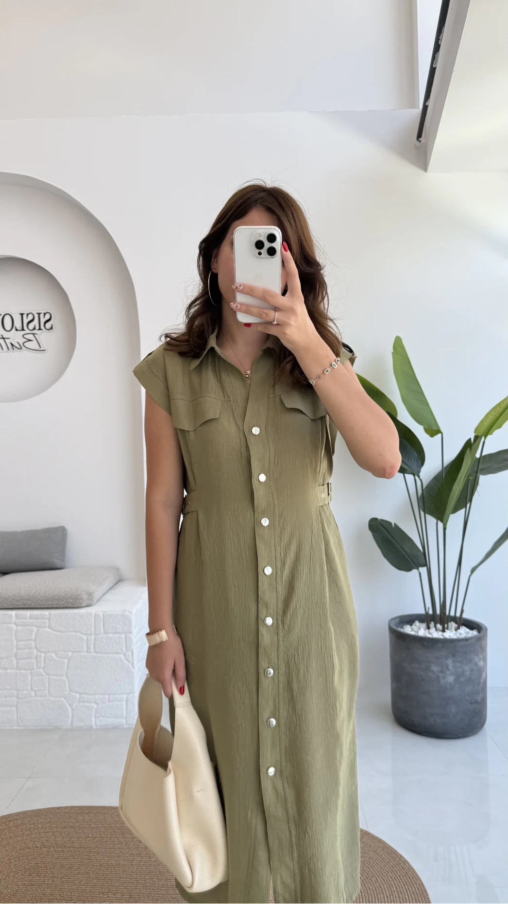 Sindy Kemer Detaylı Bürümcük Elbise - Haki - 6012