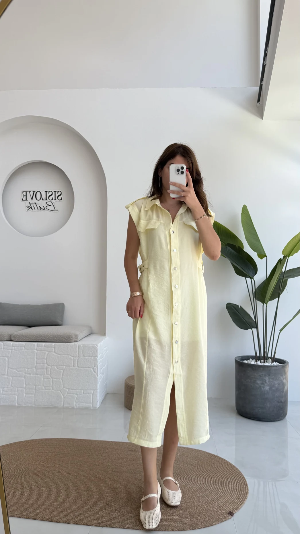 Sindy Kemer Detaylı Bürümcük Elbise - Sarı - 6012