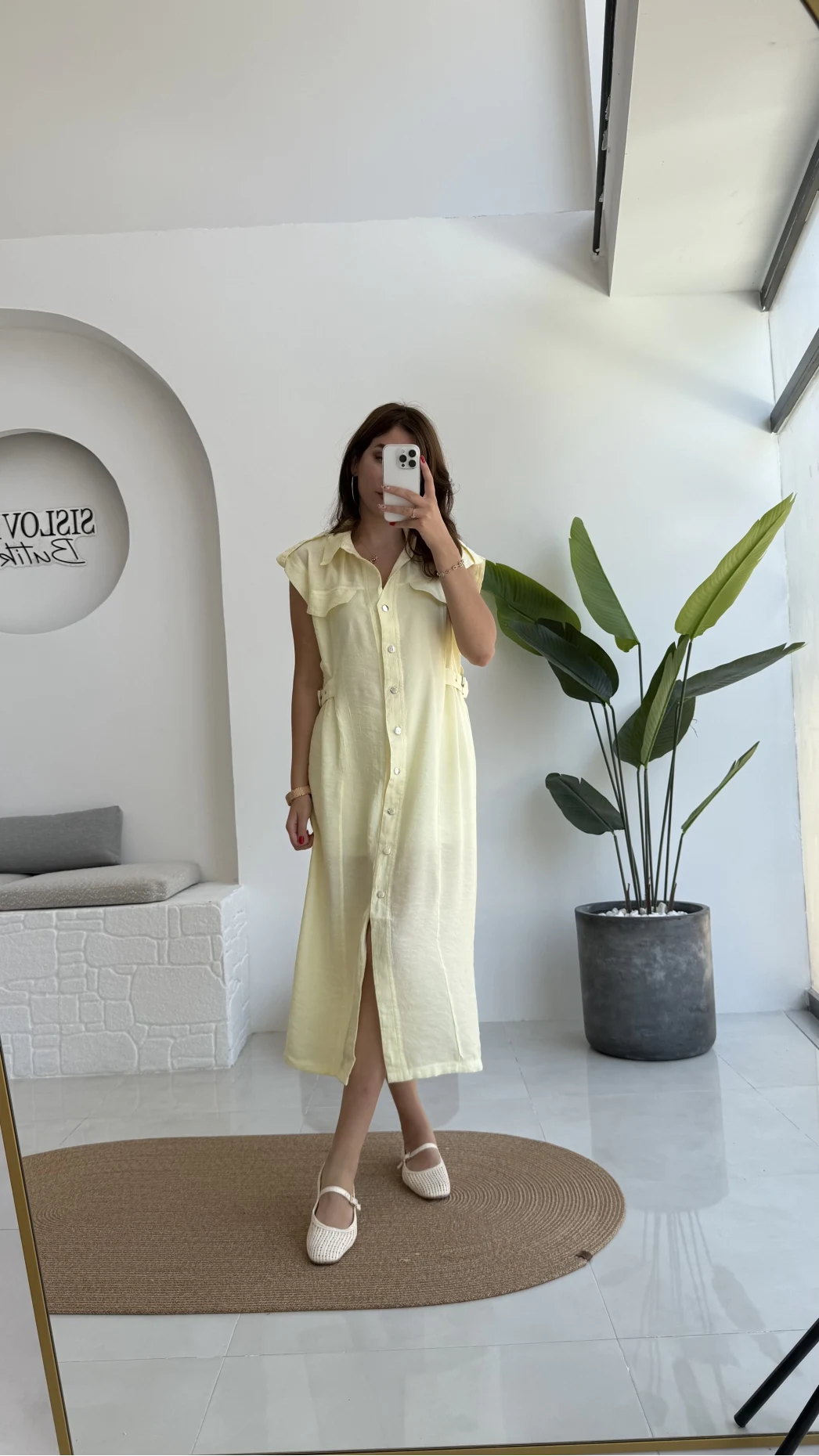 Sindy Kemer Detaylı Bürümcük Elbise - Sarı - 6012