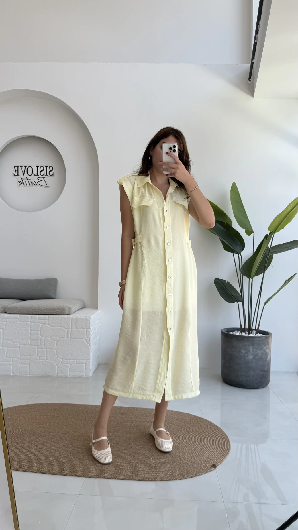 Sindy Kemer Detaylı Bürümcük Elbise - Sarı - 6012