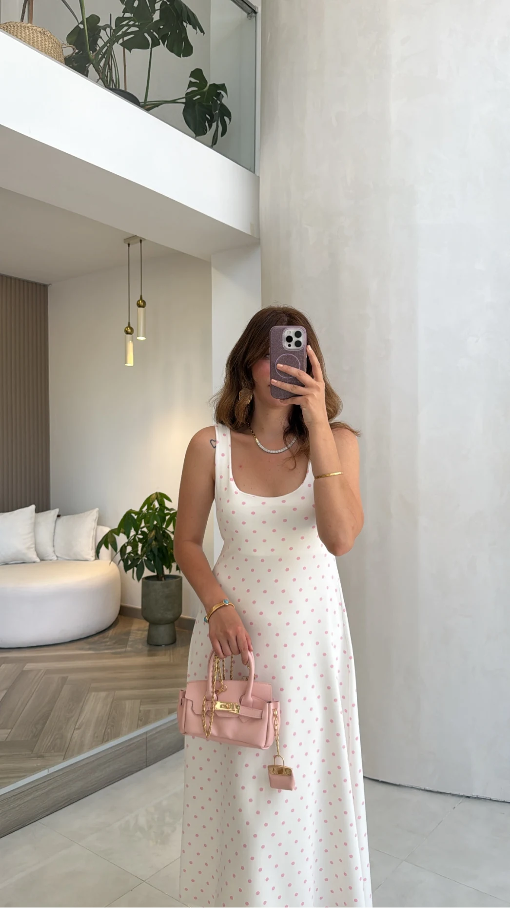 Sırtı Fiyonk Bağlamalı Puantiyeli Elbise - Pembe - Kod: 4135