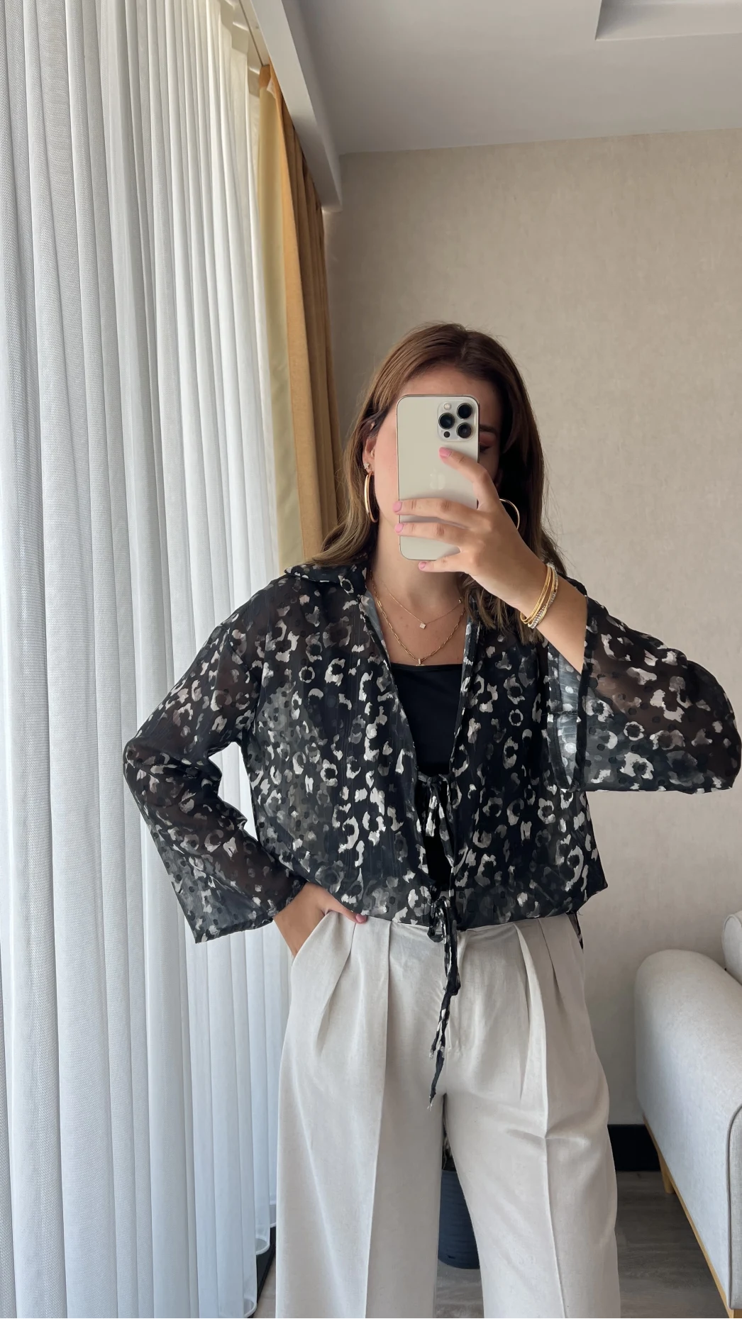 Siyah Leopar Model Transparan Gömlek