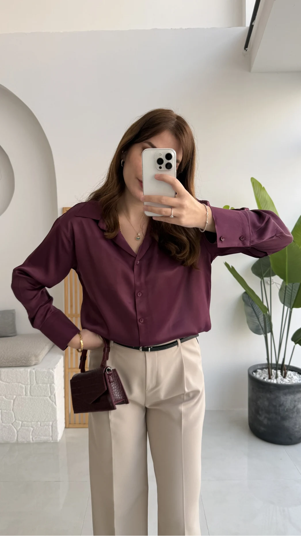 Sofia Dökümlü Saten Gömlek - Mürdüm