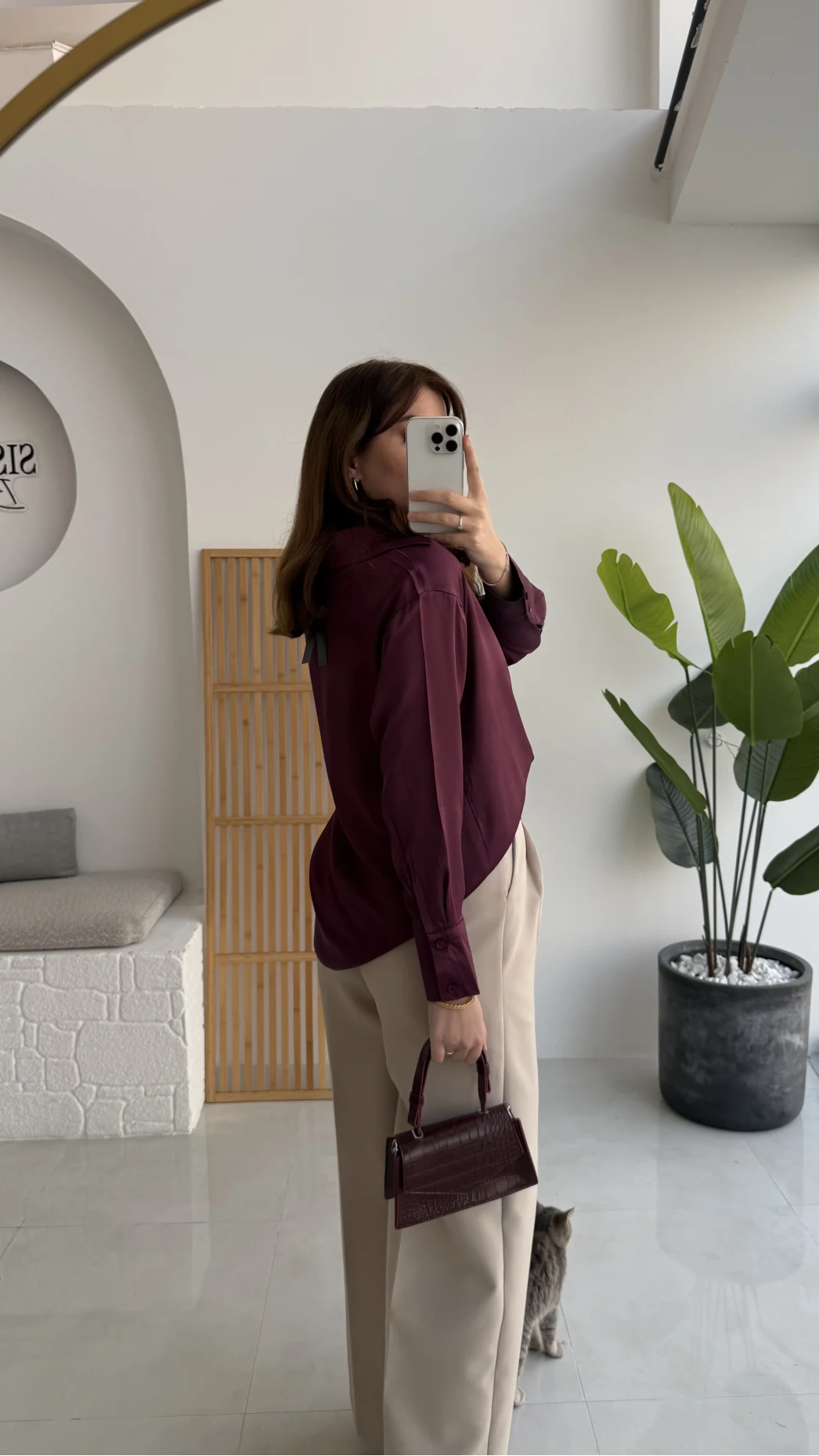 Sofia Dökümlü Saten Gömlek - Mürdüm