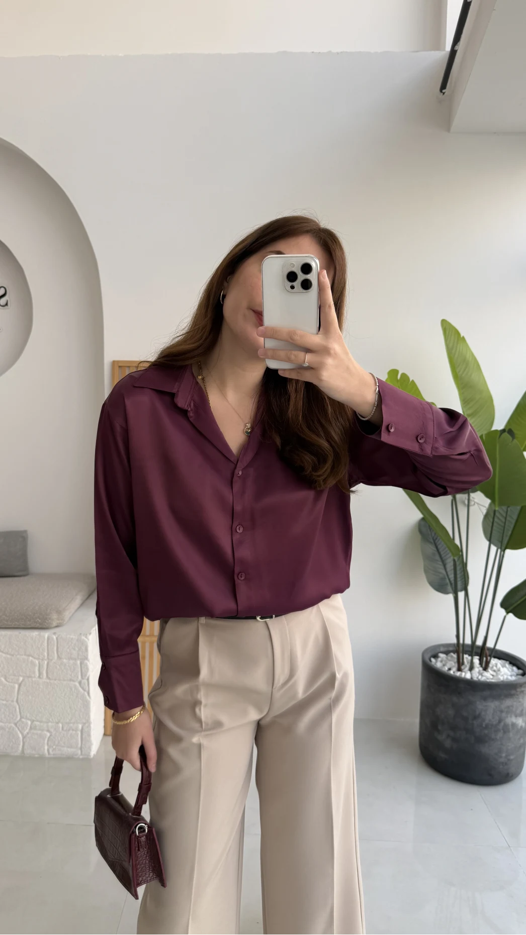 Sofia Dökümlü Saten Gömlek - Mürdüm