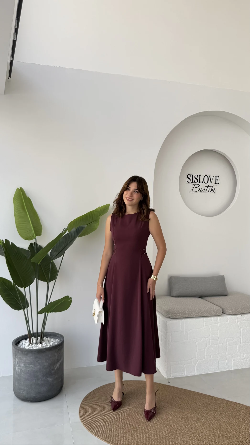 Sophia Parçalı Kemer Detaylı Elbise - Bordo - Kod: 2313