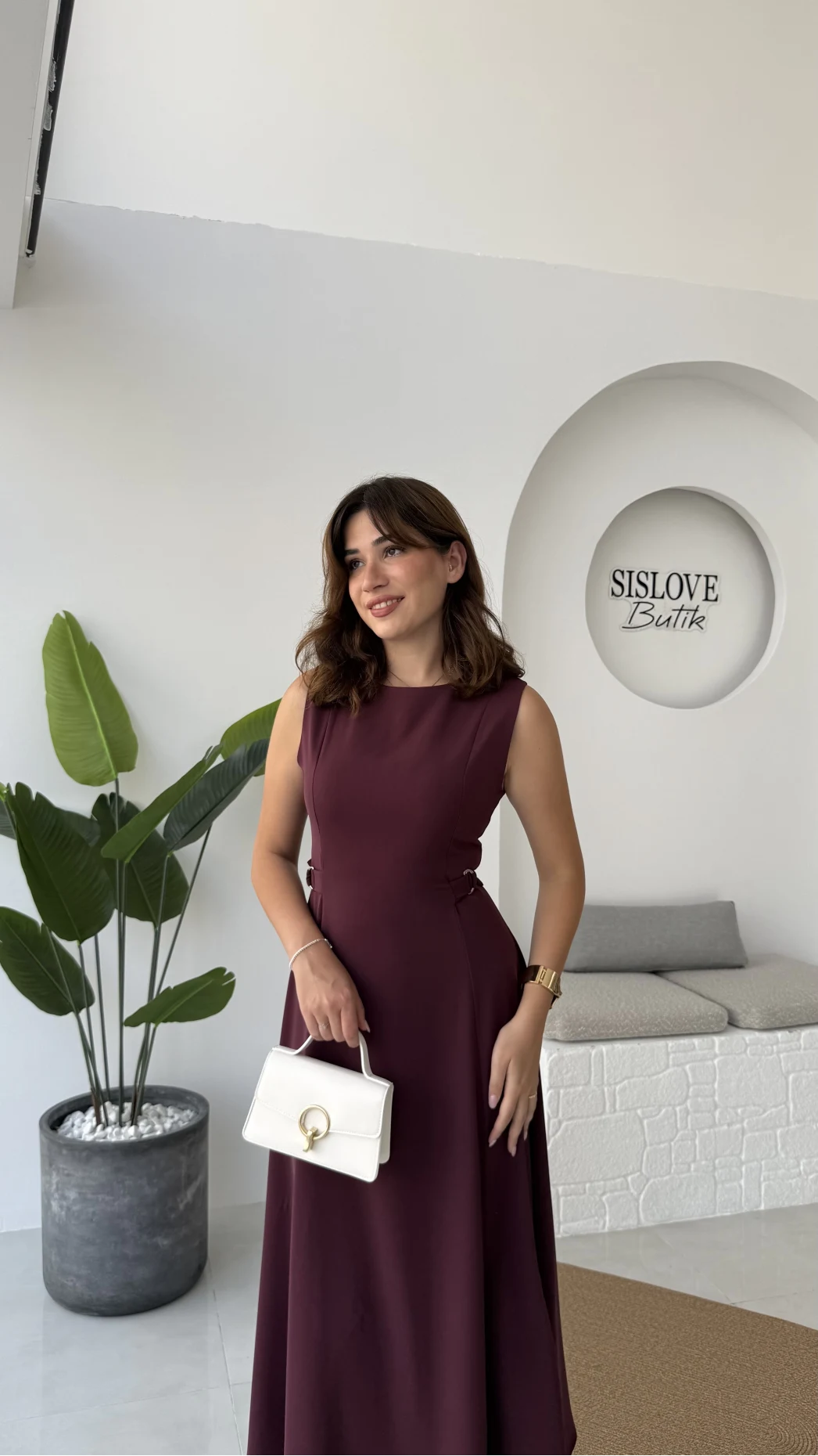 Sophia Parçalı Kemer Detaylı Elbise - Bordo - Kod: 2313