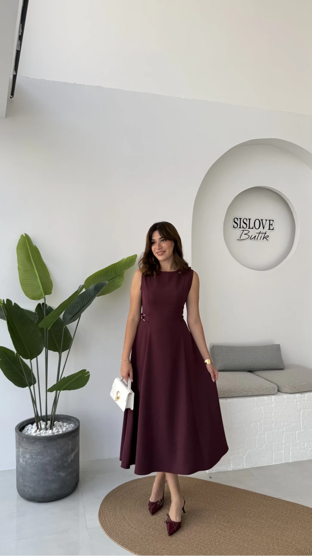 Sophia Parçalı Kemer Detaylı Elbise - Bordo - Kod: 2313