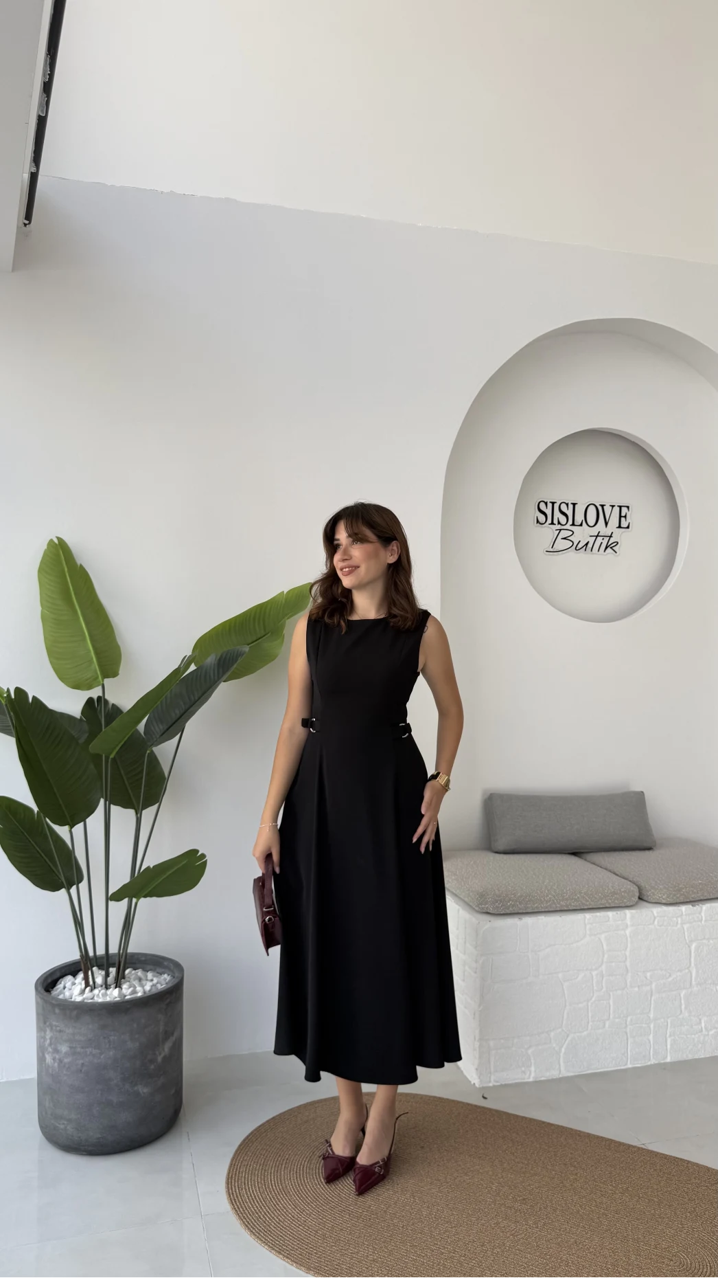 Sophia Parçalı Kemer Detaylı Elbise - Siyah - Kod: 2313