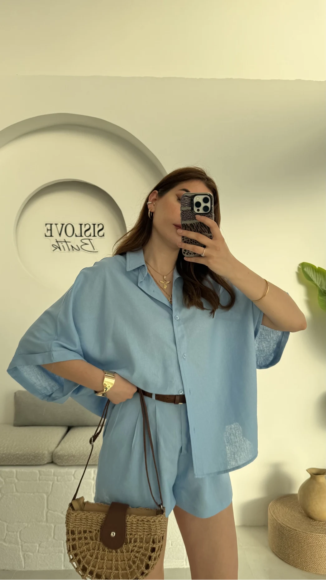 Şort Gömlek Keten Takım Mavi