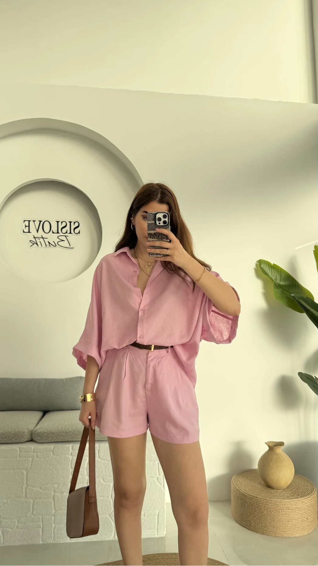 Şort Gömlek Keten Takım Pembe