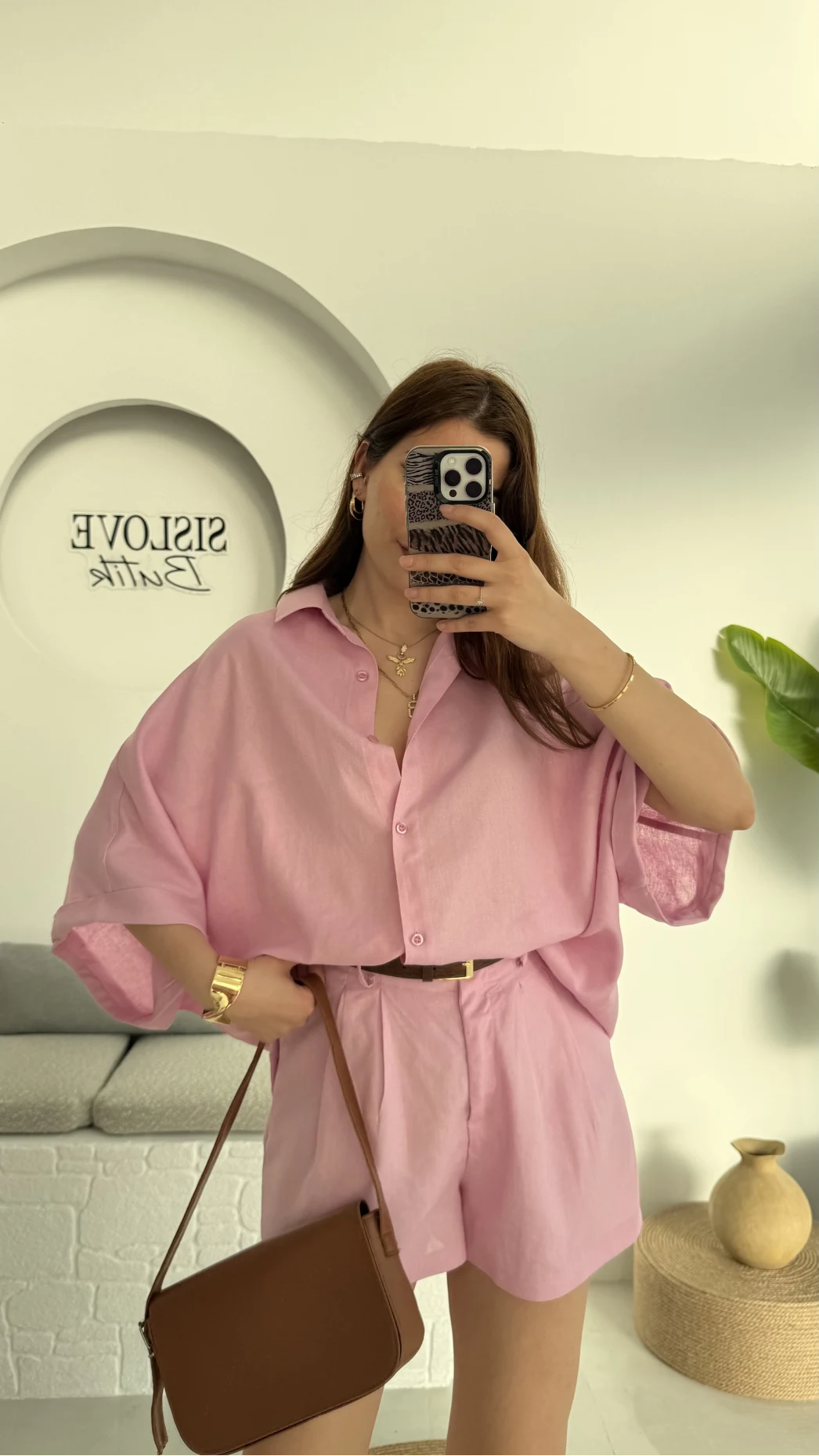 Şort Gömlek Keten Takım Pembe