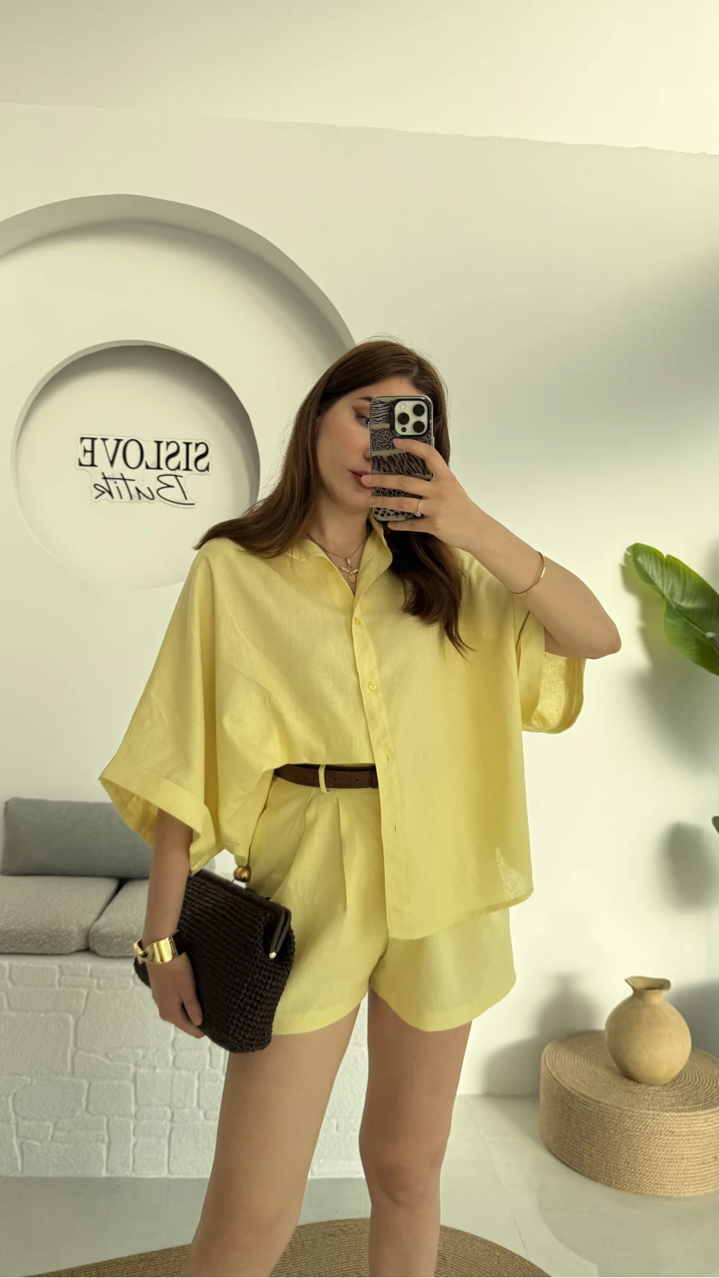 Şort Gömlek Keten Takım Sarı