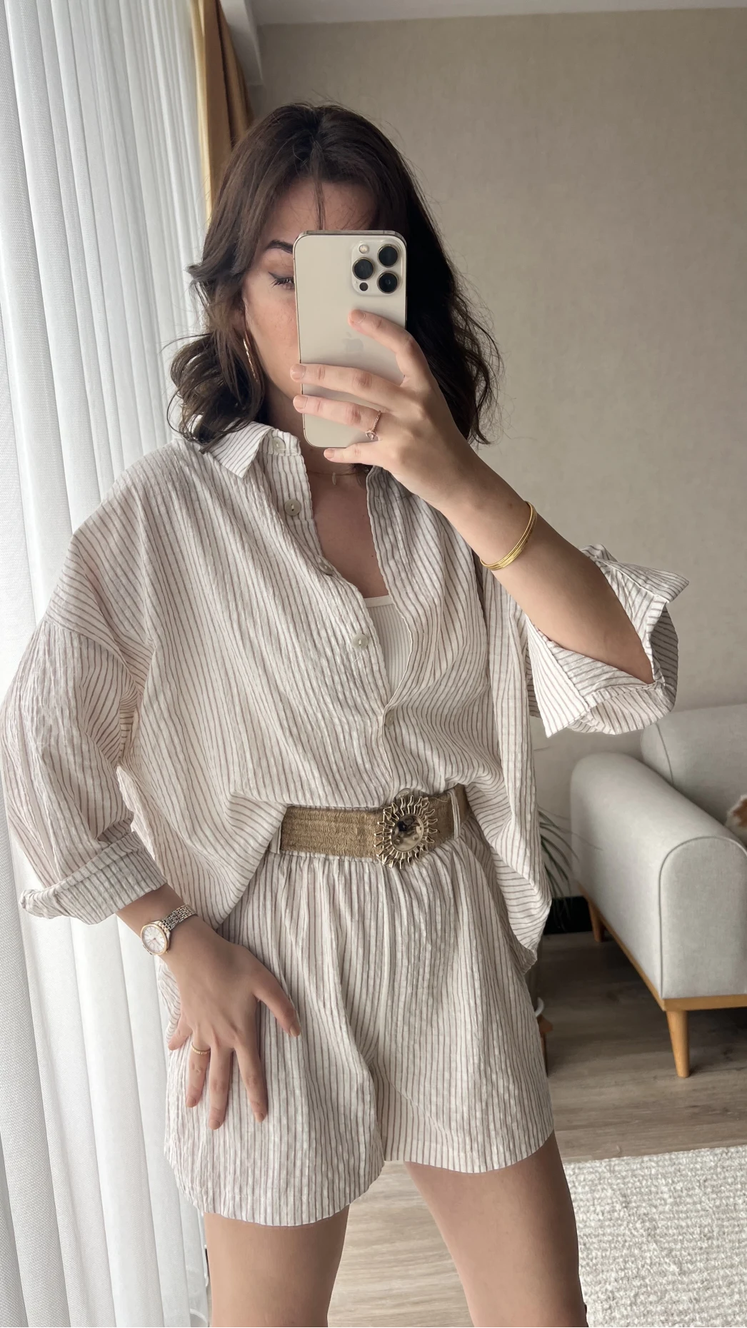 Şortlu Kemerli Keten Takım