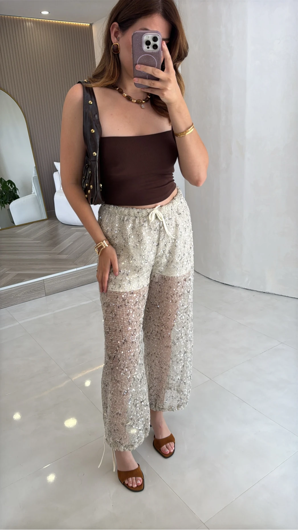 Şortlu Pullu Pantolon - Ekru - Kod: 8027