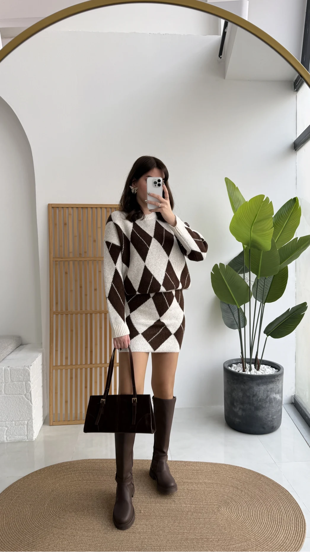 Stephen Baklava Desenli Kazak Mini Etek Takım - Ekru