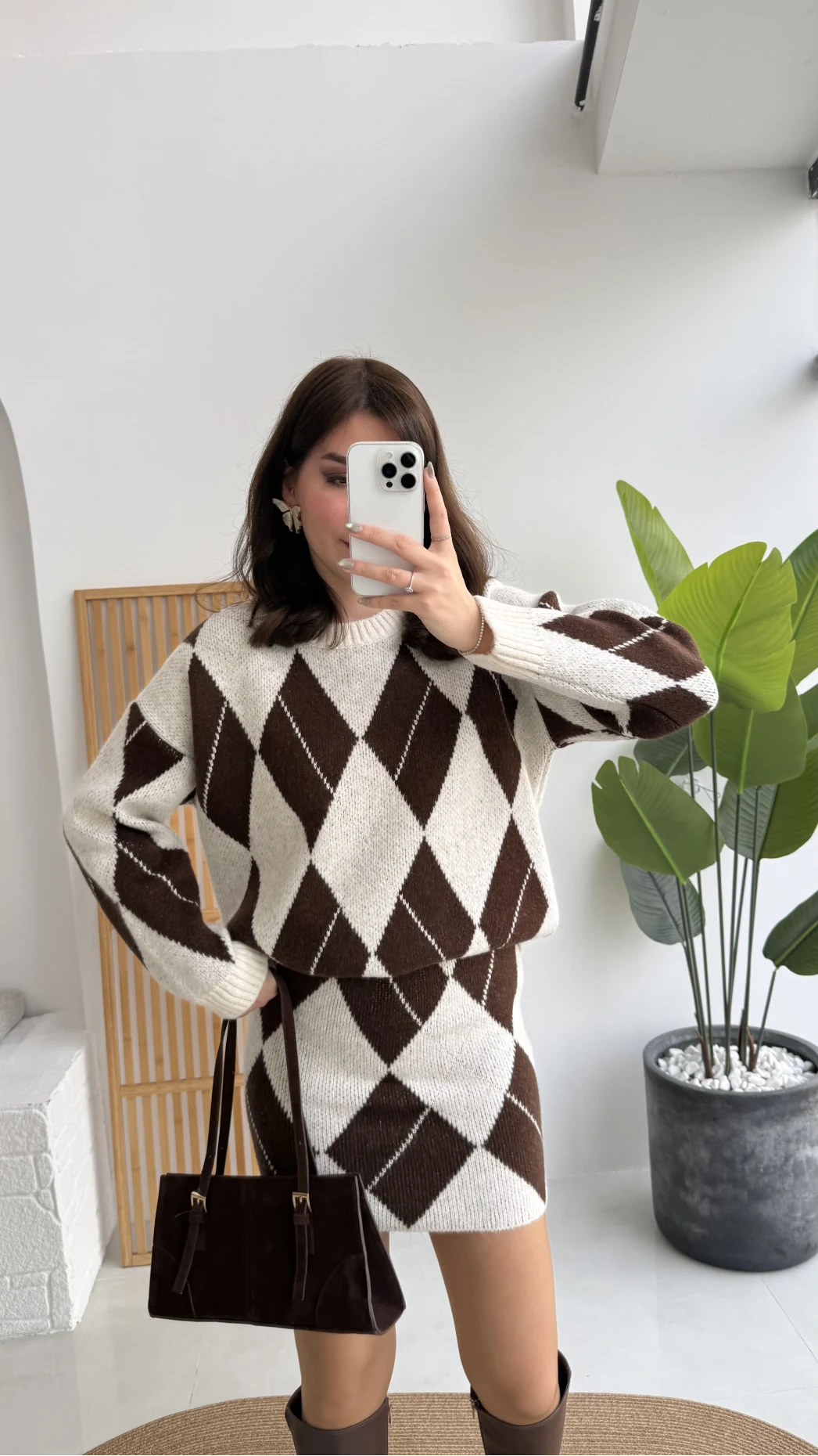 Stephen Baklava Desenli Kazak Mini Etek Takım - Ekru