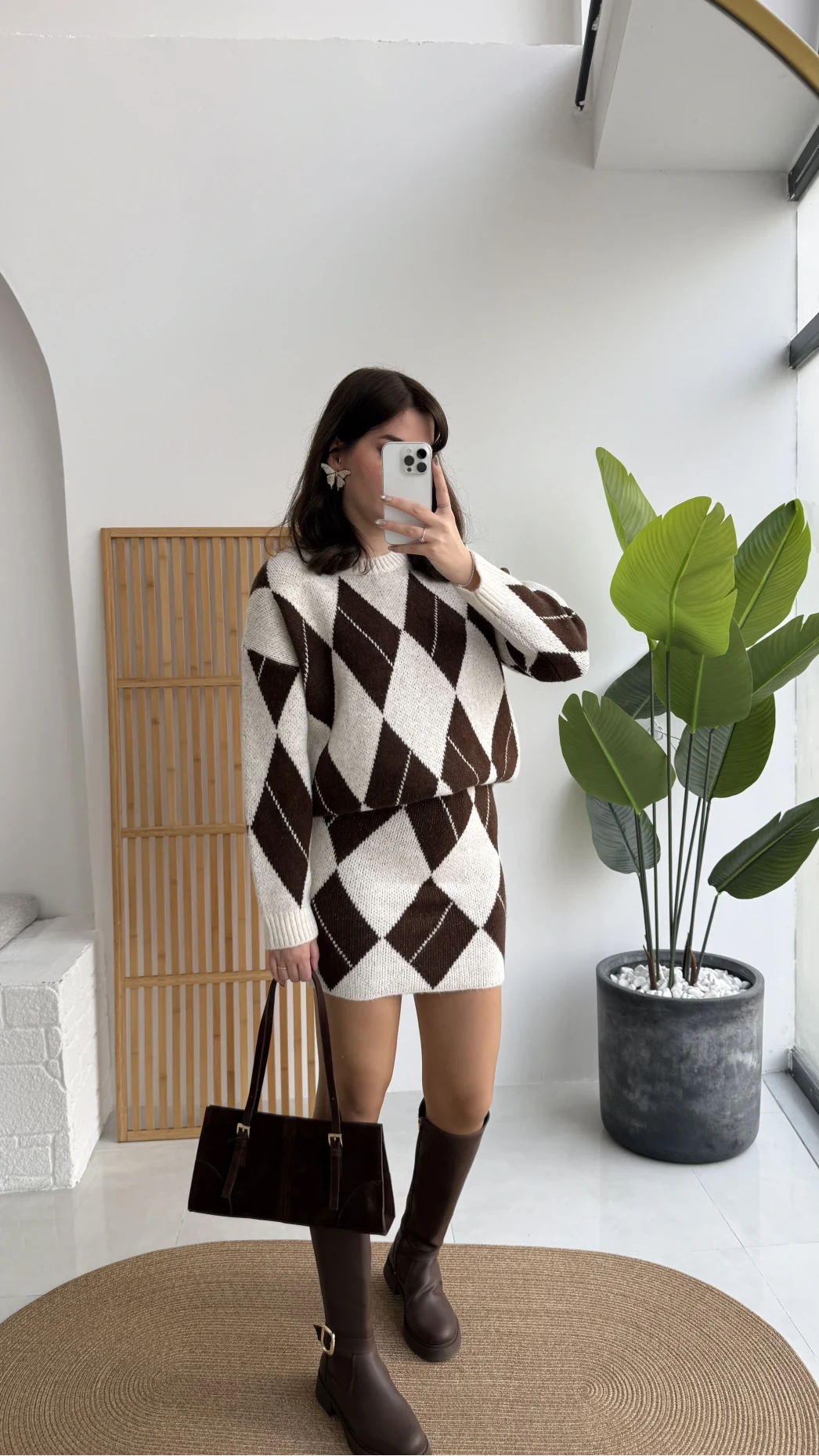 Stephen Baklava Desenli Kazak Mini Etek Takım - Ekru