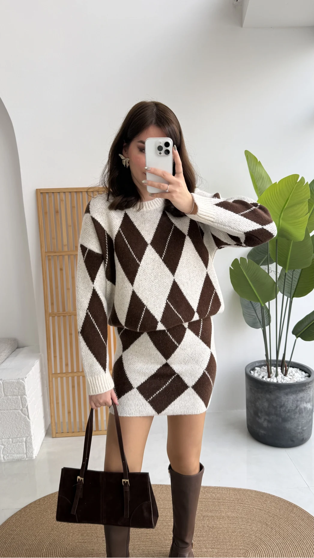 Stephen Baklava Desenli Kazak Mini Etek Takım - Ekru