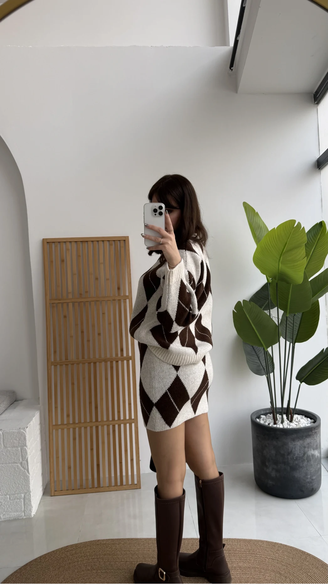 Stephen Baklava Desenli Kazak Mini Etek Takım - Ekru