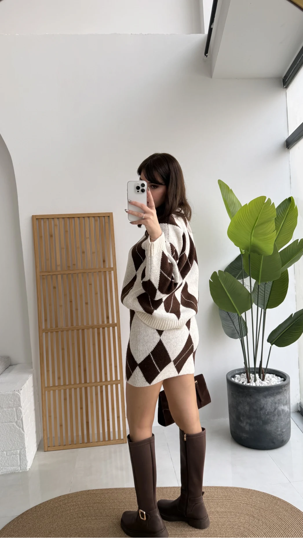 Stephen Baklava Desenli Kazak Mini Etek Takım - Ekru