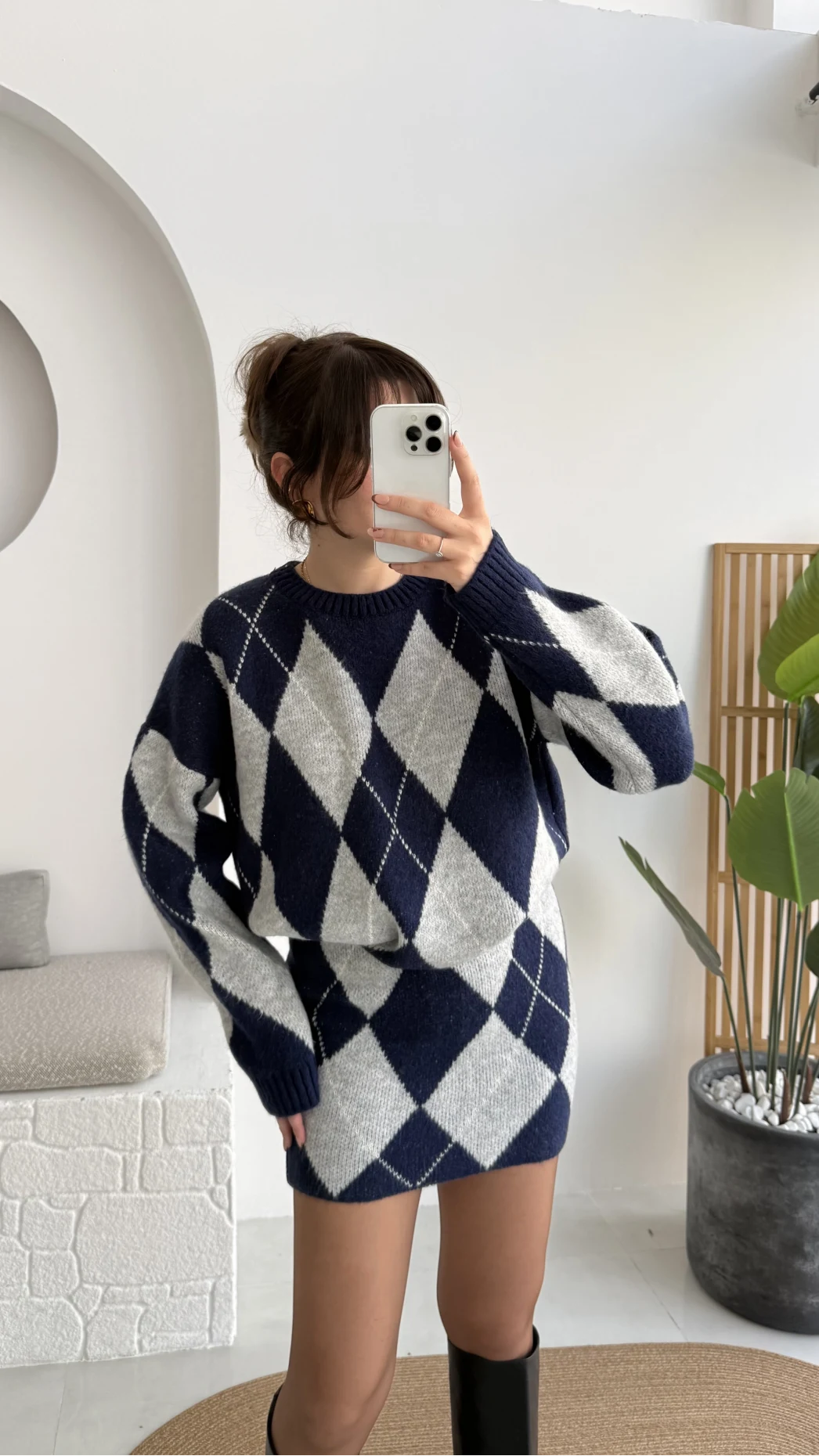 Stephen Baklava Desenli Kazak Mini Etek Takım - Lacivert