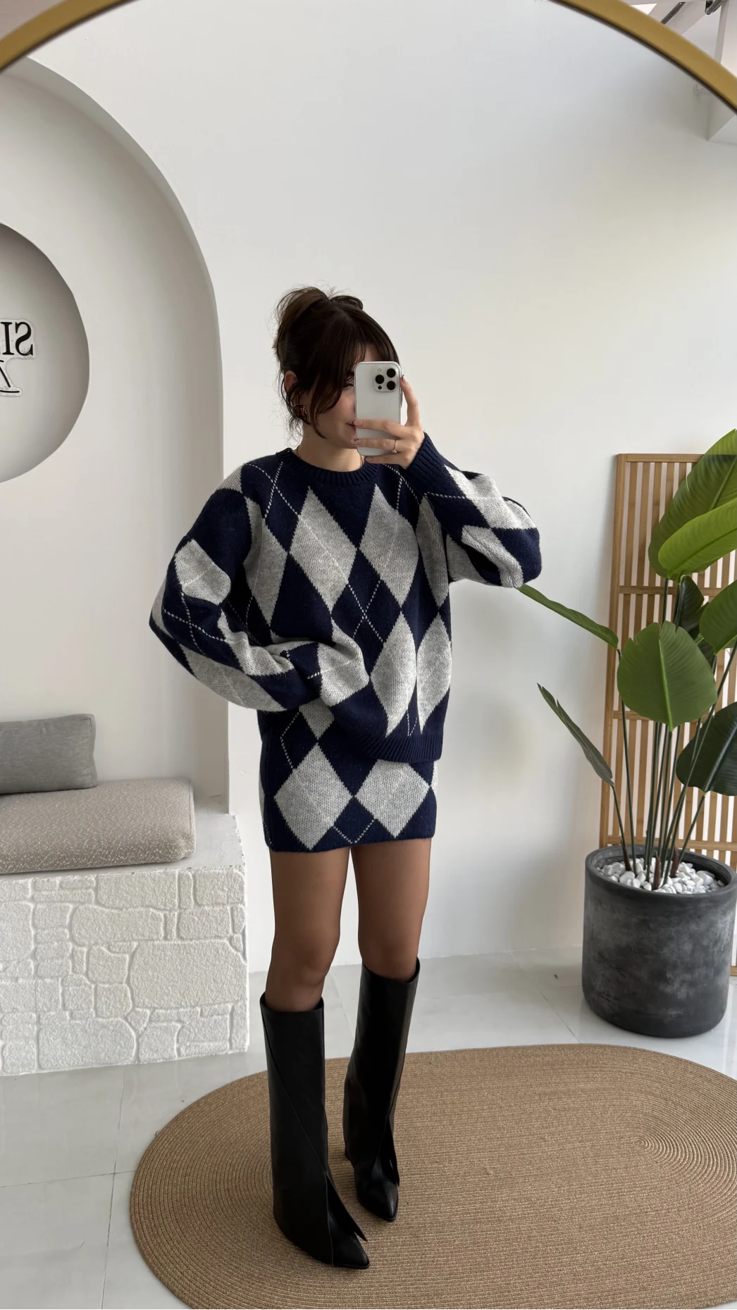 Stephen Baklava Desenli Kazak Mini Etek Takım - Lacivert