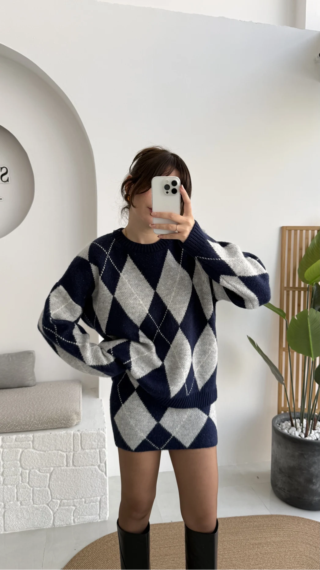 Stephen Baklava Desenli Kazak Mini Etek Takım - Lacivert