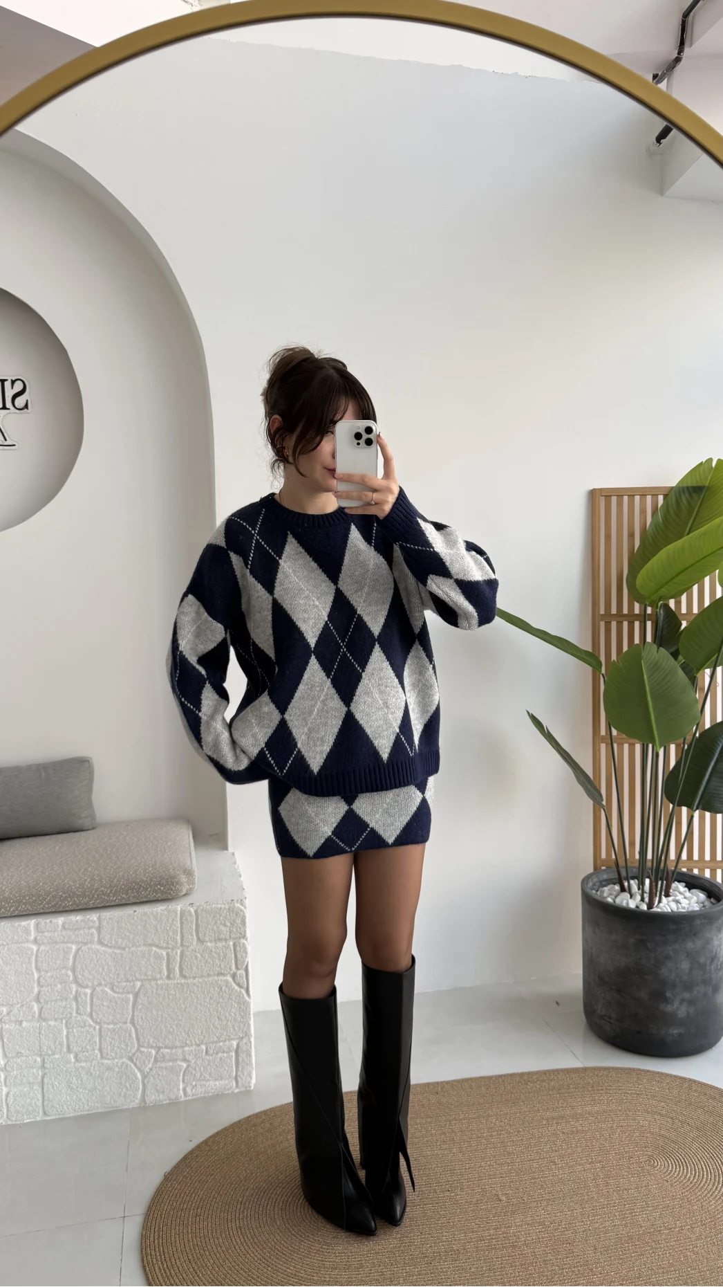 Stephen Baklava Desenli Kazak Mini Etek Takım - Lacivert